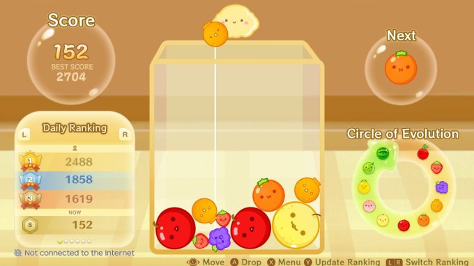Imagem do jogo de quebra-cabeça, Suika Game, com algumas frutas dentro de um grande jarro