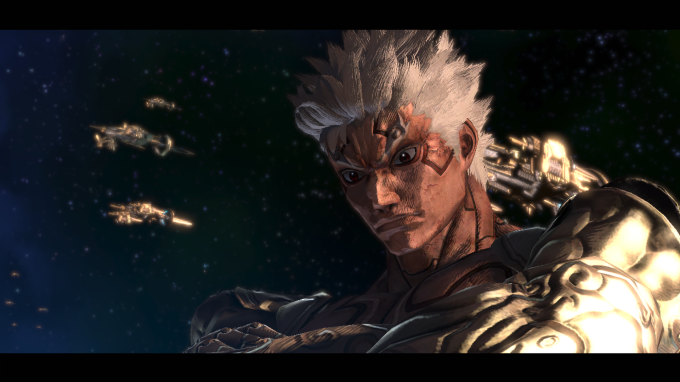 Close no rosto do personagem Asura, que possuí cabelos brancos, diversas marcas pelo rosto e feições sérias. Ao fundo, o céu do espaço e algumas naves.