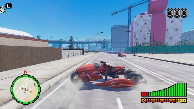O personagem Travis, em sua nova moto futurista, deslizando lateralmente no meio da rua (estilo Akira), em Santa Destroy