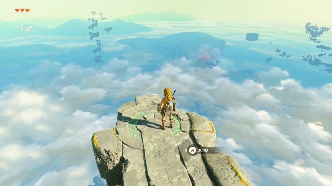Personagem Link, em Tears of the Kingdom, em uma plataforma de pedra, em uma ilha no céu, com Hyrule ao fundo e algumas outras ilhas flutuantes