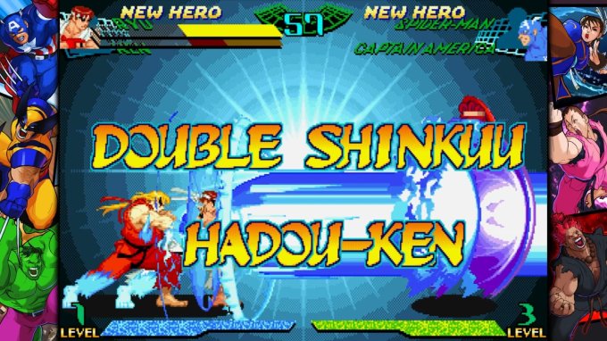 Tela do jogo "Marvel Vs Street Fighter" com os personagens Ken e Ryu executando a sua finalização "Double Shinkuu Hadou-ken", onde ambos os personagens soltam uma grande energia azul pelas mãos