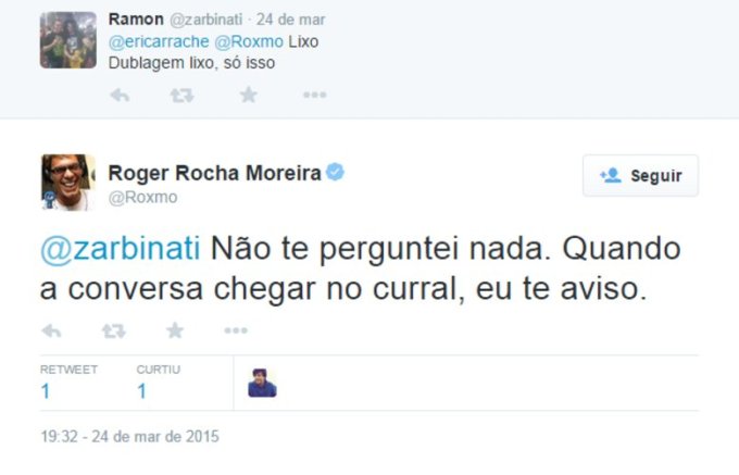 Tweet do Roger contra críticas a sua dublagem