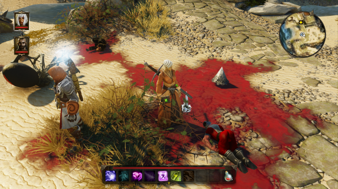 Tela do jogo Divinity, com os personagens em área costeira, de dia, em meio a campo de batalha com muito sangue no chão e soldados mortos