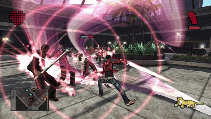 Cena do jogo No More Heroes 2, com o personagem Travis empunhando suas katanas duplas, enfrentando vários inimigos em um ambiente fechado