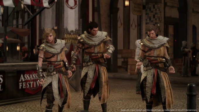 Grupo de personagens vestidos com roupas inspiradas na série Assassin’s Creed