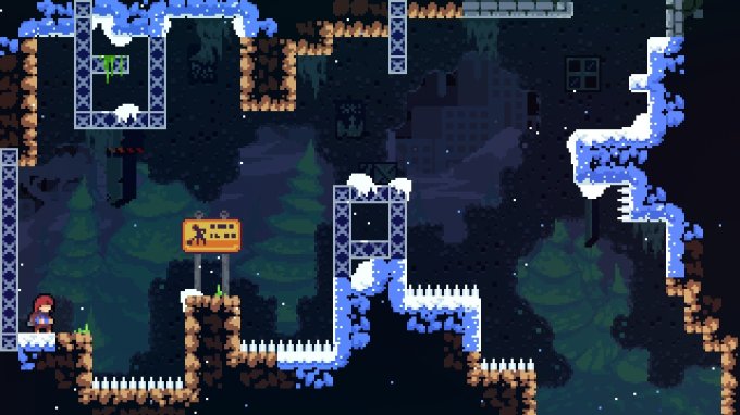 Tela do jogo Celeste, com uma área de gelo, com várias plataformas e espinhos no chão