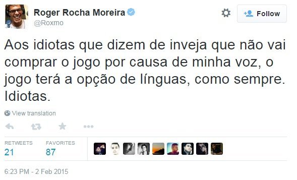 Tweet do Roger contra críticas a sua dublagem