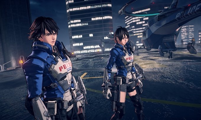 Screenshot do jogo Astral Chain com os dois personagens principais no heliporto na cobertura do prédio da polícia