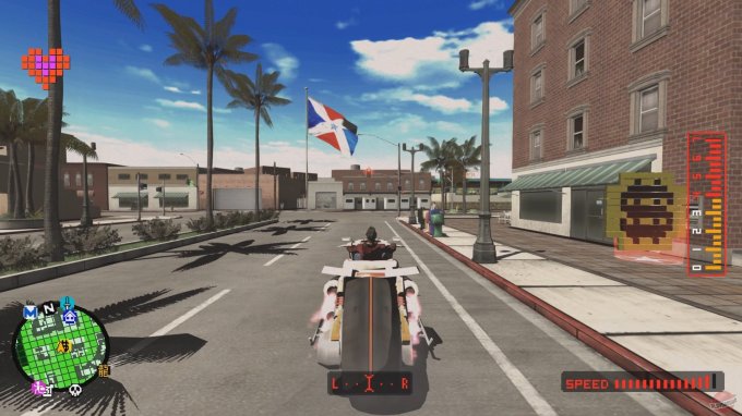 Cena do jogo No More Heroes, com o personagem Travis em sua moto futurista andando pelas ruas de Santa Destroy