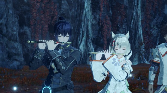 Personagens Noah e Mio, de Xenoblade Chronicles 3, tocando flauta