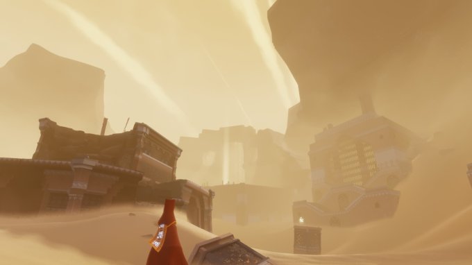 Imagem de uma figura humanóide coberta por roupas vermelhas para se proteger do calor do deserto. O ambiente é arenoso e composto por algumas ruinas antigas.