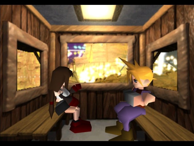 Tifa e Cloud no passeio de Gold Saucer