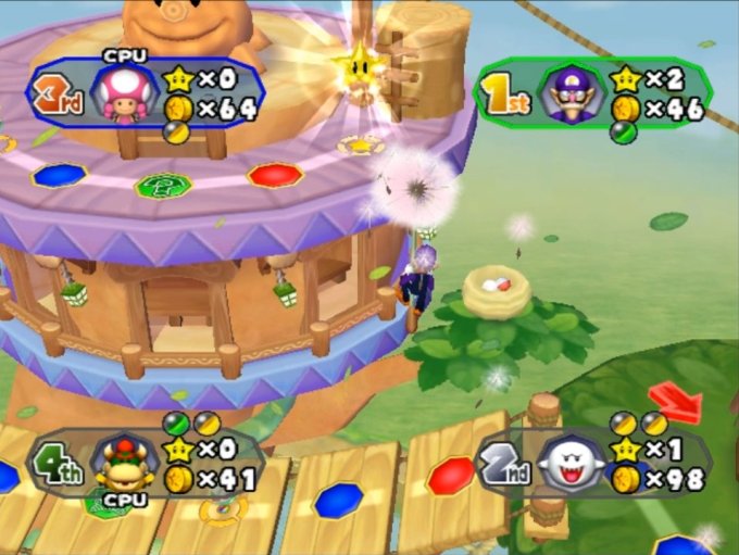 Diversos personagens da franquia Mario andando pelo tabuleiro de Mario Party