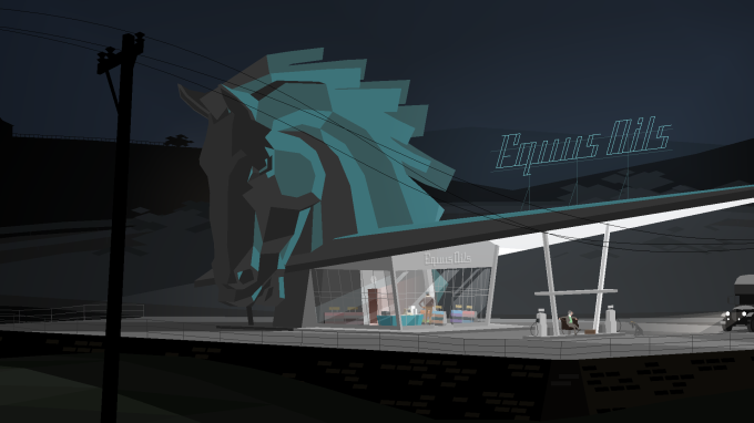 Cena vista de longe de uma posto de gasolina de beira de estrada, com um grande letreiro neon escrito "Equus Oils" e uma enorme cabeça de cavalo decorativa.