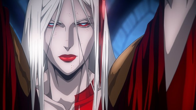 Detalhe do rosto da personagem Carmilla, cabelos brancos lisos e soltos, com o rosto sujo e olhos vermelhos, olhar sereno