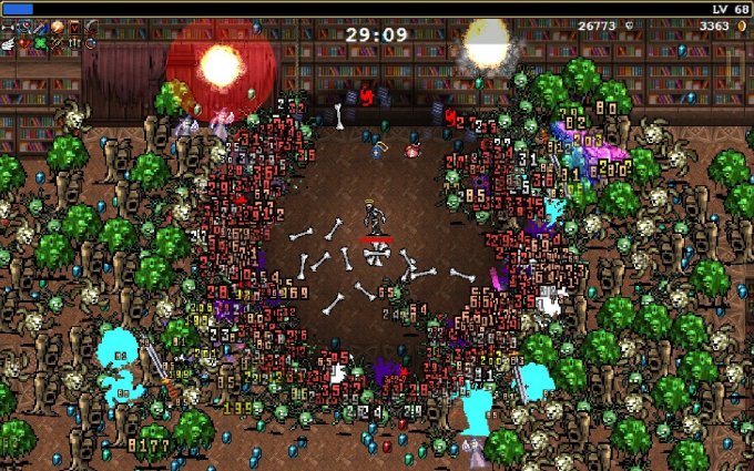 Tela do jogo Vampire Survivors, com um personagem esqueleto ao centro, cercado por um campo de proteção e centenas de imimigos ao seu redor, em um cenário de biblioteca