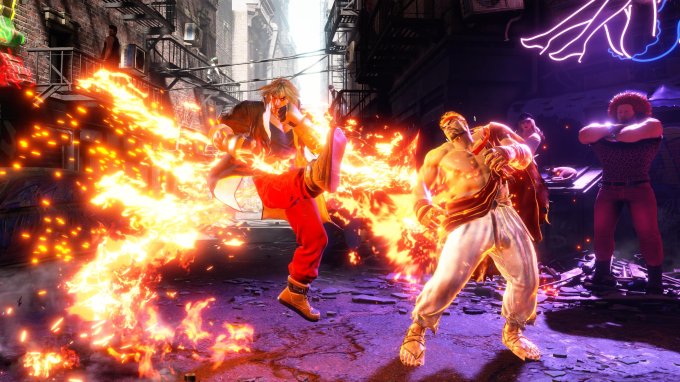 Cena do jogo Street Fighter 6, com Ken e Ryu lutando em um beco na cidade de Metro City