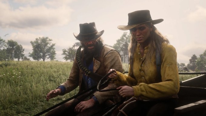 Cena do jogo onde dois personagens, um homem e uma mulher, ambos vestidos com roupas de cowboy, conversam ao ar livre sobre uma carruagem.
