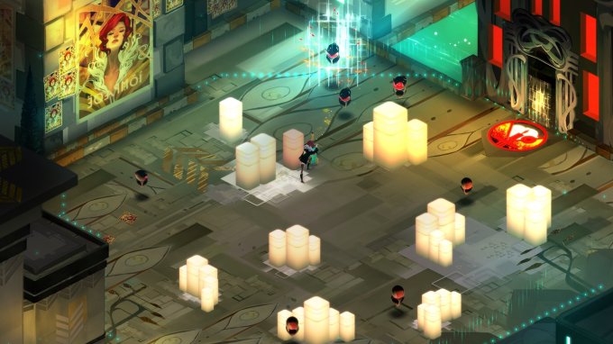 Cena de batalha do jogo Transistor, com a protagonista Red enfrentando algumas pequenas criaturas em um cenário urbano futurista
